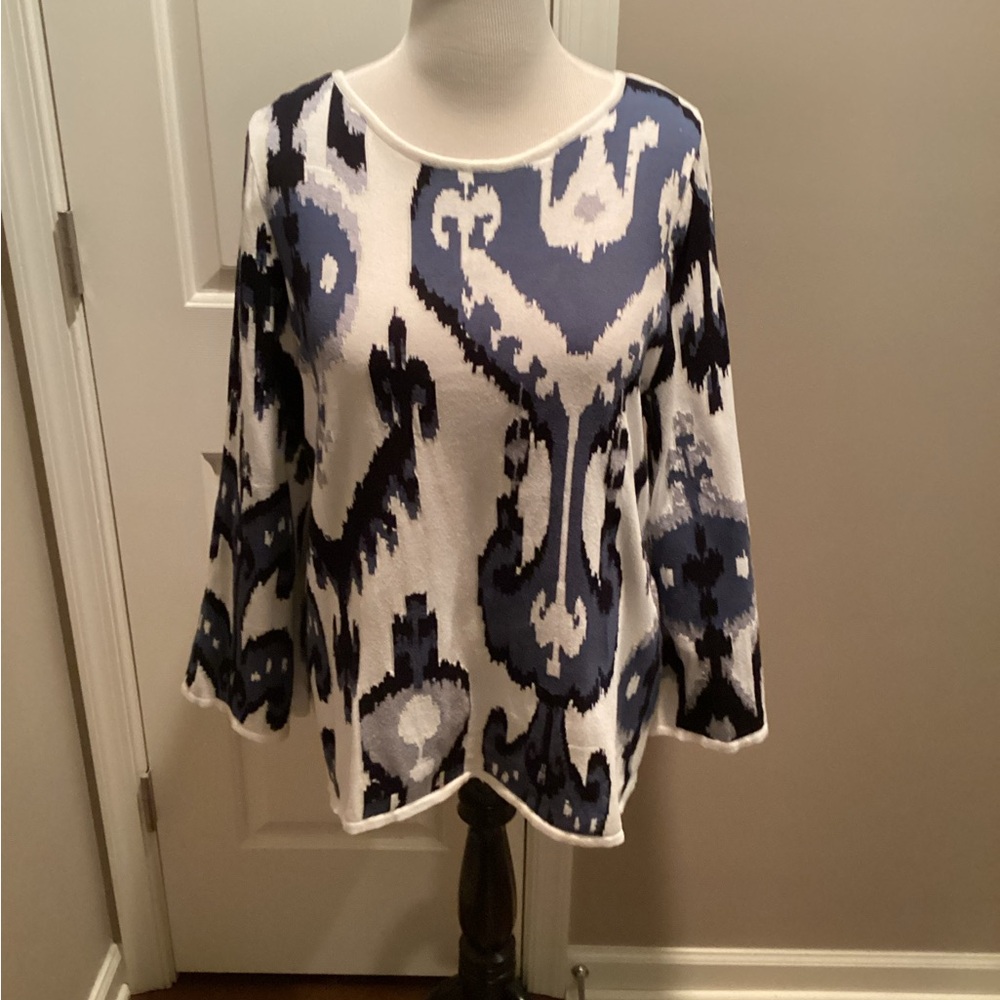 Chico’s Blue and White Tribal Print Sweater